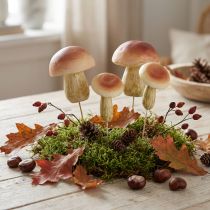 Artikel Decoratieve paddestoelen op stokjes klein en groot bruin H10/11,5cm 8 stuks