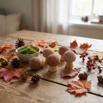 Artikel Decoratieve houten paddenstoelen, mini bruin, Ø2cm, 24 stuks