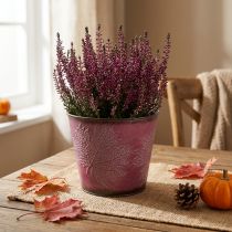 Artikel Bloempot met bladdecoratie, herfstdecoratie, metalen plantenbak wijnrood Ø16.5 cm H14.5 cm