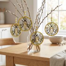 Artikel Bij om op te hangen houten veerdecoratie hanger Ø12cm 4st