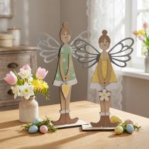 Artikel Decoratieve elf, lentedecoratie, elfje om op te staan, houten decoratie groen, geel H34cm set van 2