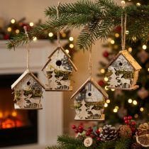 Artikel Kersthanger houten kleine decoratieve huisjes H6,5/7,5cm 4st