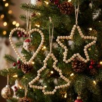 Artikel Kerstversiering: houten kralen, hart, ster, boom, 13 cm hoog, 6 stuks