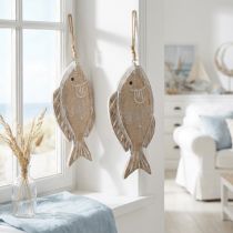 Artikel Houten decoratieve hangvis wit-natuur 21cm set van 2