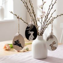 Artikel Houten paaseieren om op te hangen, wit en zwart, 10 cm, 6 stuks