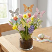 Artikel Bloemenstok vlinderhout met veer 8x7cm 12 stuks