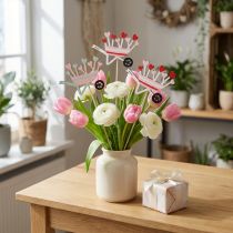 Artikel Bloemenplug kruiwagen houten harten gekleurd 9x6,5cm 12 st