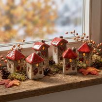 Artikel Keramieken huis met rood dakraam en hart - 6 cm - Idyllische decoratie voor huis en tuin - 6 st