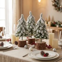 Artikel Mini kerstboom houten voet groen wit Ø8cm H18cm 3st