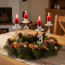Artikel Kaarsenhouder Advent met doorn en cijfers wit H11cm 4 st