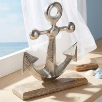Artikel Anker Decoratie Metaal op Houten Basis Zilver Natuurlijk H21cm