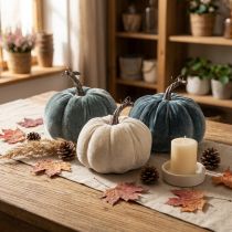 Artikel Pompoendecoratie herfst beige grijs geflockt H11cm Ø12cm 3 st