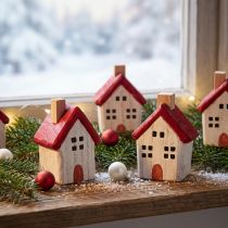 Artikel Kersthuisje houten kerstdecoratie wit rood 7cm 6 stuks