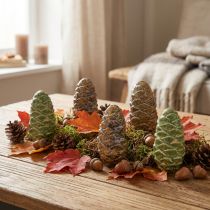 Artikel Decoratieve keramische dennenappels, diverse kleuren groen, geel en bruin, 8,5 cm, 6 stuks