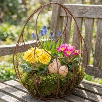 Artikel Draadmand, metalen plantenbak, lenteversiering, paasmand, bruin, roestkleurige afwerking, H34cm L30cm