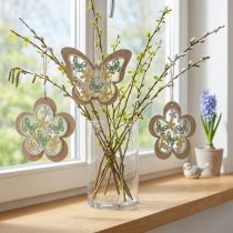 Artikel Vlinder om op te hangen, houten hanger bloem, lentedecoratie met glitter H11/14,5cm 4st