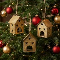 Artikel Kerstversiering, metalen huisje, vintage goud, 9,5 cm hoog, 3 stuks