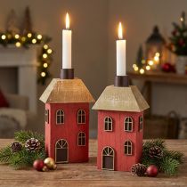 Artikel Kaarsenhouder huis hout rode stok kaarsenhouder H14,5cm 2 stuks