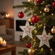Artikel Kerstster van vilt, beige en rood, 13 cm, set van 6.