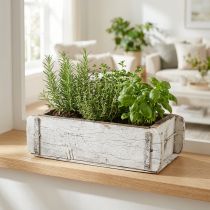 Artikel Baksteenvorm, bakstenen kist, houten kist met metalen beslag antieke afwerking, wit gewassen L32cm H9cm