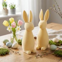 Artikel Decoratieve Paashaas – 2e keus – Gevlokt lichtgeel H29,5cm 2 st.