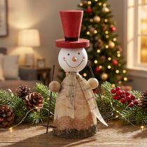 Artikel Sneeuwpop van hout decoratief figuur met hoed rood naturel H20,5cm