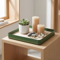 Artikel Decoratief dienblad metaal vierkant groen houten voet 25,5×25,5cm