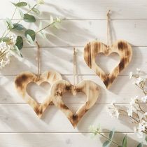 Artikel Decoratieve harten hout om op te hangen hart in hart gebrand 20cm 3st