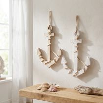 Artikel Maritiem houten anker om op te hangen wit naturel 13,5×20cm 2 st