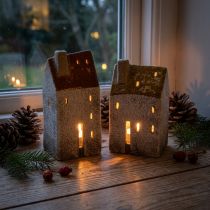 Artikel Keramische huisdecoratie met schoorsteen, theelichthuisje, herfst en winter, 13 cm, 2 stuks