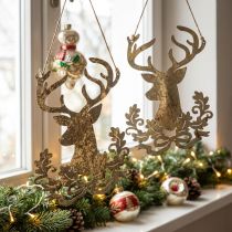 Artikel Rendier om op te hangen, kerstdecoratie, hertenkop, metalen hanger gouden antieke look H23cm 2 stuks