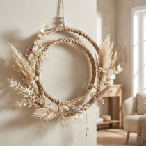 Artikel Dubbele decoratieve ring, boho-stijl, wand- en raamdecoratie, jute metalen ring, natuurlijke zilverkleur, Ø41cm