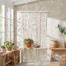 Artikel Boho Macramé Plantenhanger, Hangende Decoratie, Raamdecoratie met Bloemenschommelplank, 40x15cm, in Natuurlijk Wit