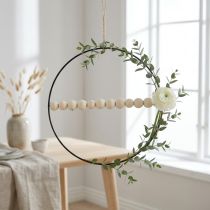 Artikel Decoratieve ring, metaal, houten kralen, Ø30cm, zwart, wit, naturel, set van 4