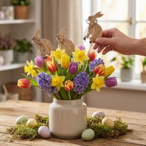 Artikel Bloemenplug houten paashaas decoratie 8cm x 6cm 12 st