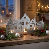 Artikel Kerstdecoratie huisjes, theelichthouder metaal zilver 25cm