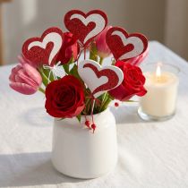 Artikel Hartje op een stokje, rood en wit, decoratief hartje, Valentijnsdagdecoratie, 16 stuks