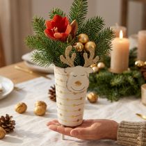 Artikel Rendier plantenpot, adventsdecoratie, metalen decoratie, plantenbak voor Kerstmis wit, goud H28cm Ø8.5cm