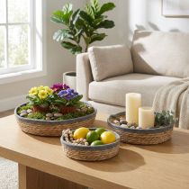 Artikel Ronde mandenset, naturel, gevlochten plantenbakken & decoratieve schaal, 3-delige set Ø33/30/25cm H8/7cm