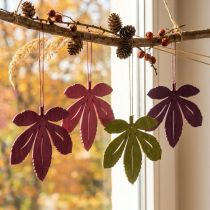 Artikel Houten decoratieve hangers, herfstbladeren, roze, paars, groen, 12x10 cm, 12 stuks