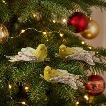 Artikel Kerstdecoratie: vogeltje op clip, groen, glitter, 12 cm, 6 stuks in diverse kleuren.