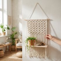 Artikel Macramé plantenhanger, boho-stijl, hangplank, plantenhouder, raamdecoratie, houten plank, 40x15cm