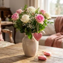 Artikel Decoratieve hanger hout houten harten decoratie roze glanzend 6cm 8 st