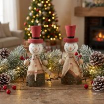 Artikel Schattige set van 2 houten sneeuwpoppen met rode hoge hoeden - Wintertafeldecoratie - Natuurlijk en rood, 15,5 cm 2 stuks