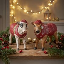 Artikel Kerstkoedecoratie koe met muts wit bruin L15,5cm 2 stuks