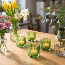 Artikel Decoratieve glazen theelichthouders, bloemvormig, groen, Ø7,5 cm, H6 cm, 6 stuks