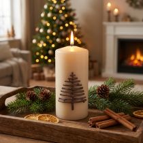 Artikel Kerstkaars, beige, dennenboommotief, 150/70mm, 63h, RAL
