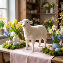 Artikel Schaap sierfiguur tafeldecoratie Pasen wit geflockt 30×28cm