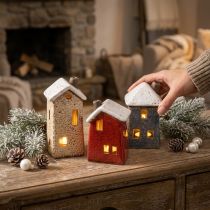 Artikel Decoratief huis keramiek crème rood grijs 10/12/13,5cm 3 stuks