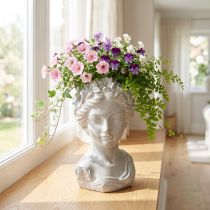 Artikel Beeldhouwwerk vrouwenbuste gegoten stenen plantenbak grijs antiek 15×14×25cm